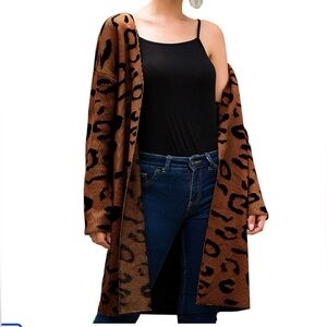 Angashion Women's Brown/Black Leopard Print Knit Cardigan -S